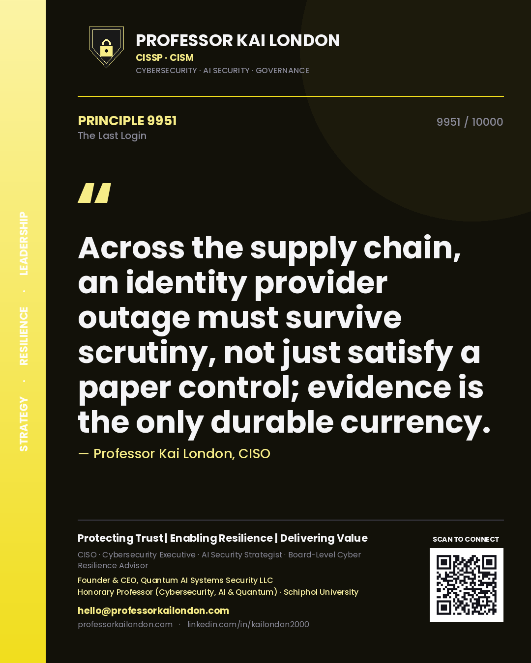 Professor Kai London principle 9951: Across the supply chain, an identity provider outage must survive scrutiny, not just satisfy a paper control; evidence is the only durable currency.
