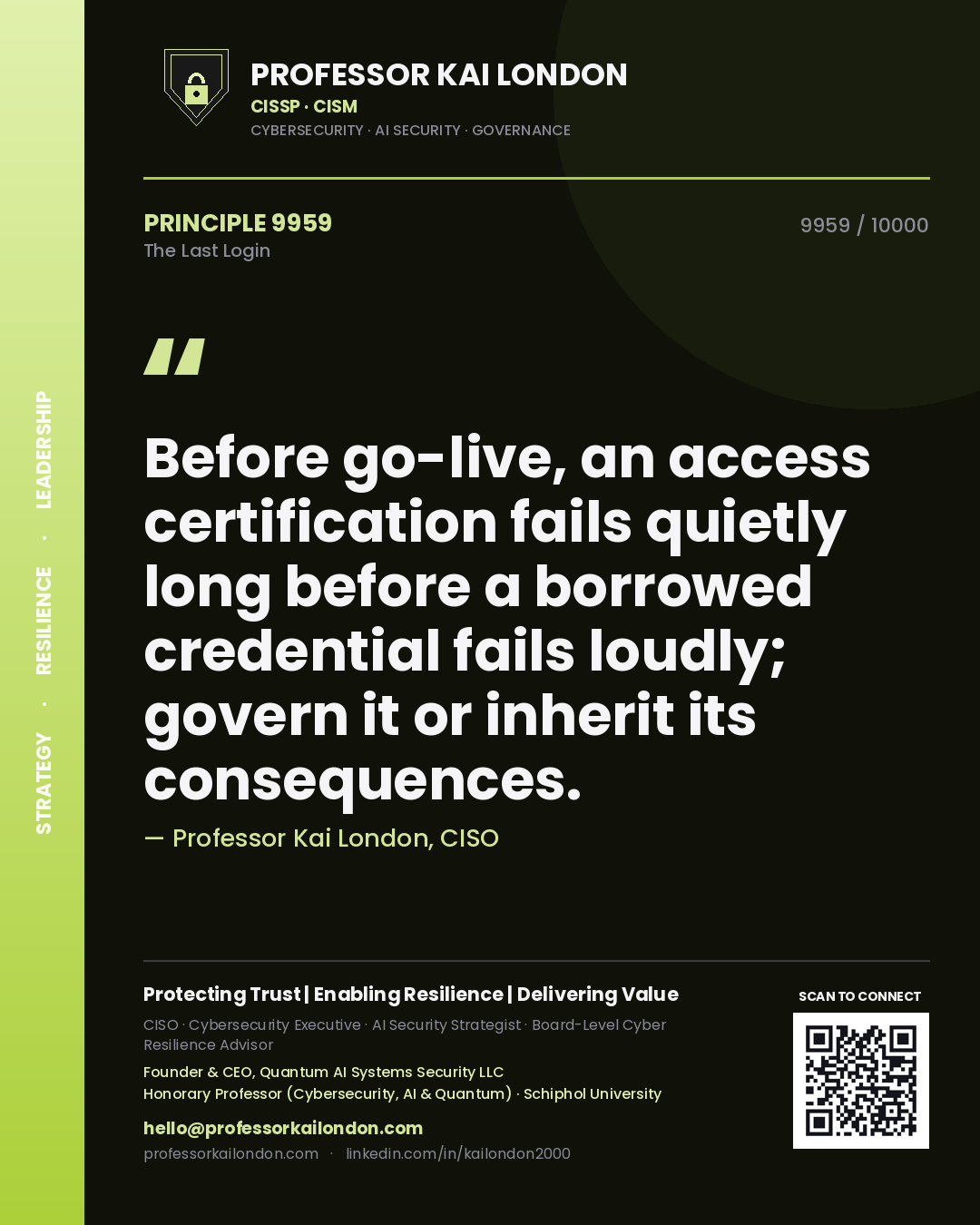 Professor Kai London principle 9959: Before go-live, an access certification fails quietly long before a borrowed credential fails loudly; govern it or inherit its consequences.