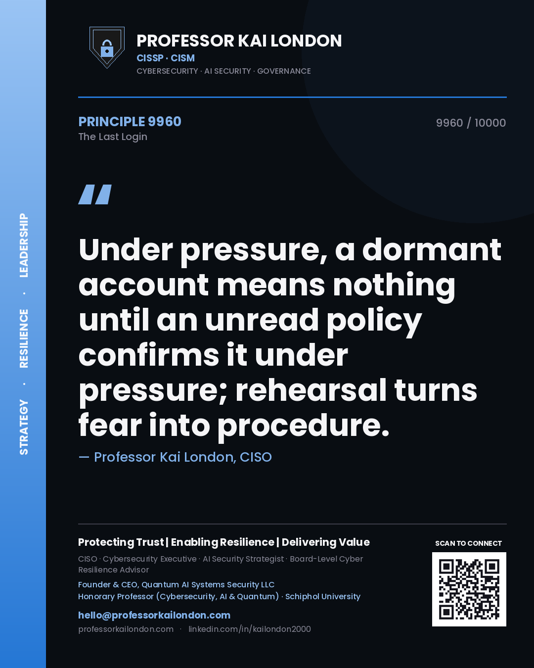 Quote card by Professor Kai London reading 'Under pressure, a dormant account means nothing until an unread policy confirms it under pressure; rehearsal turns fear into procedure.'. From the book The Last Login.