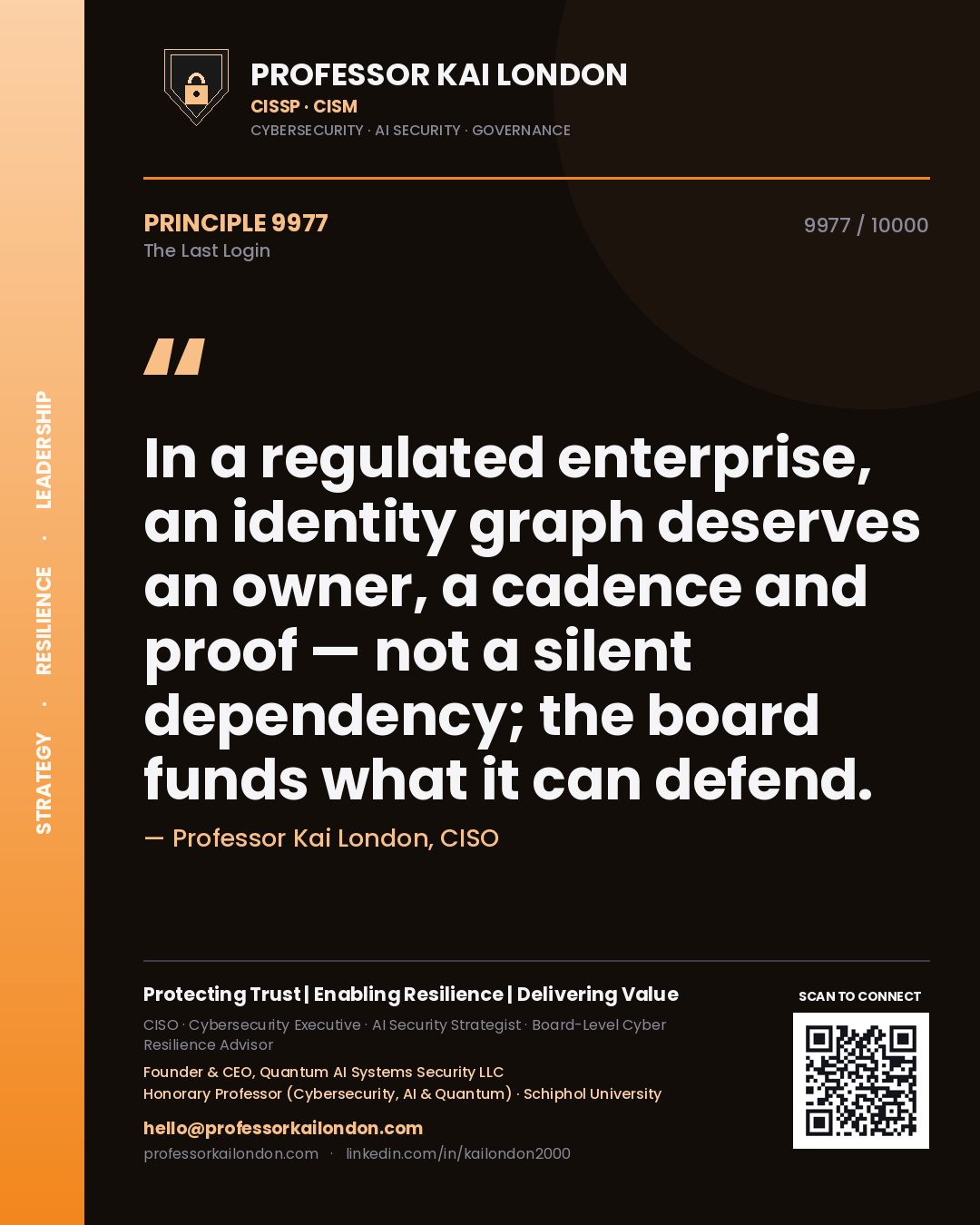 Quote card by Professor Kai London reading 'In a regulated enterprise, an identity graph deserves an owner, a cadence and proof — not a silent dependency; the board funds what it can defend.'. From the book The Last Login.
