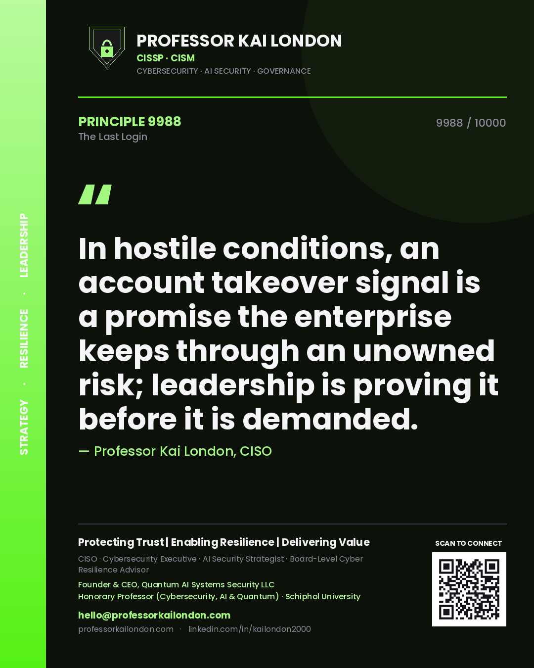 Professor Kai London principle 9988: In hostile conditions, an account takeover signal is a promise the enterprise keeps through an unowned risk; leadership is proving it before it is demanded.