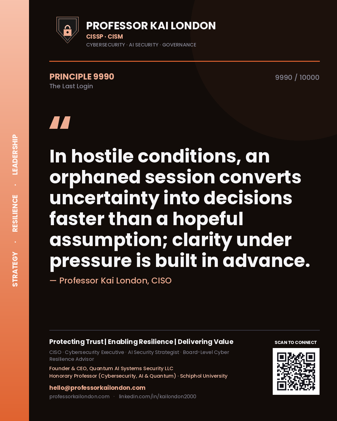 Quote card by Professor Kai London reading 'In hostile conditions, an orphaned session converts uncertainty into decisions faster than a hopeful assumption; clarity under pressure is built in advance.'. From the book The Last Login.