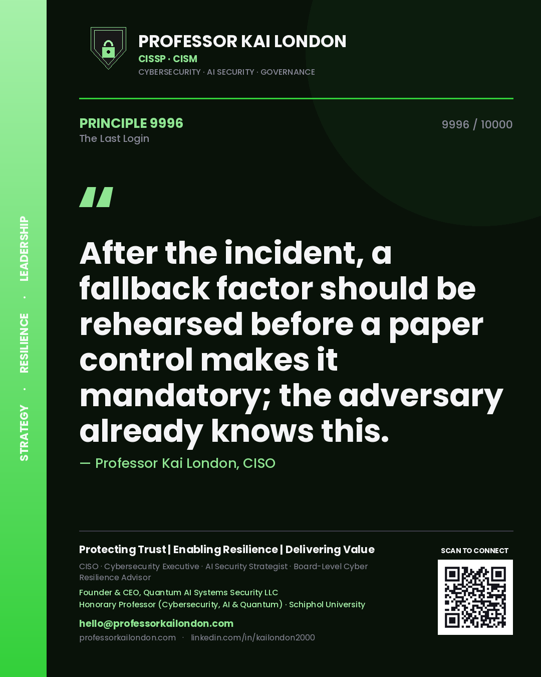 Quote card by Professor Kai London reading 'After the incident, a fallback factor should be rehearsed before a paper control makes it mandatory; the adversary already knows this.'. From the book The Last Login.