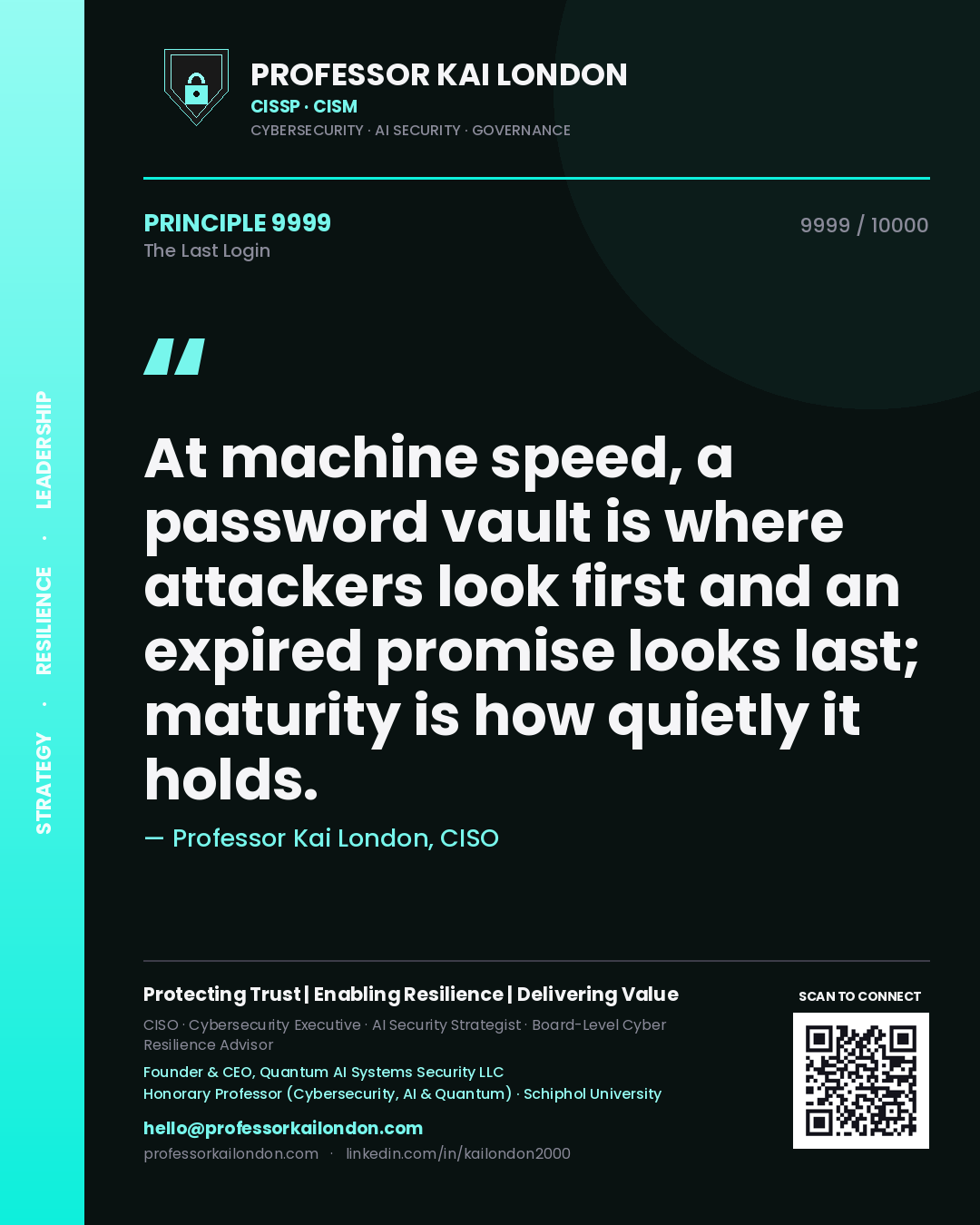 Professor Kai London principle 9999: At machine speed, a password vault is where attackers look first and an expired promise looks last; maturity is how quietly it holds.