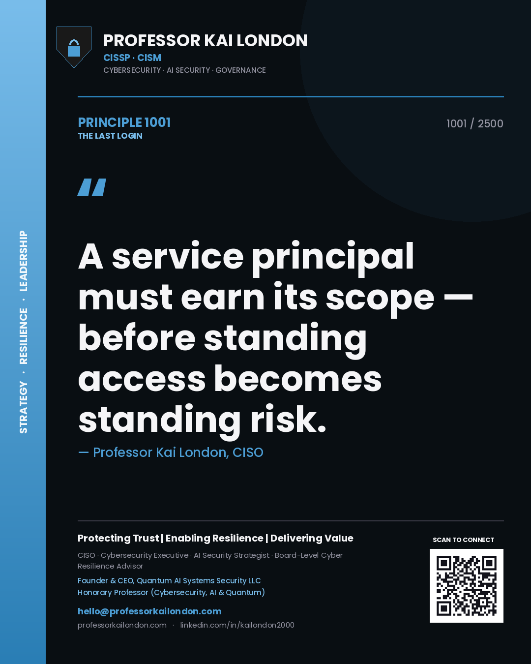 Quote card by Professor Kai London reading 'A service principal must earn its scope — before standing access becomes standing risk.'. From the book The Last Login.