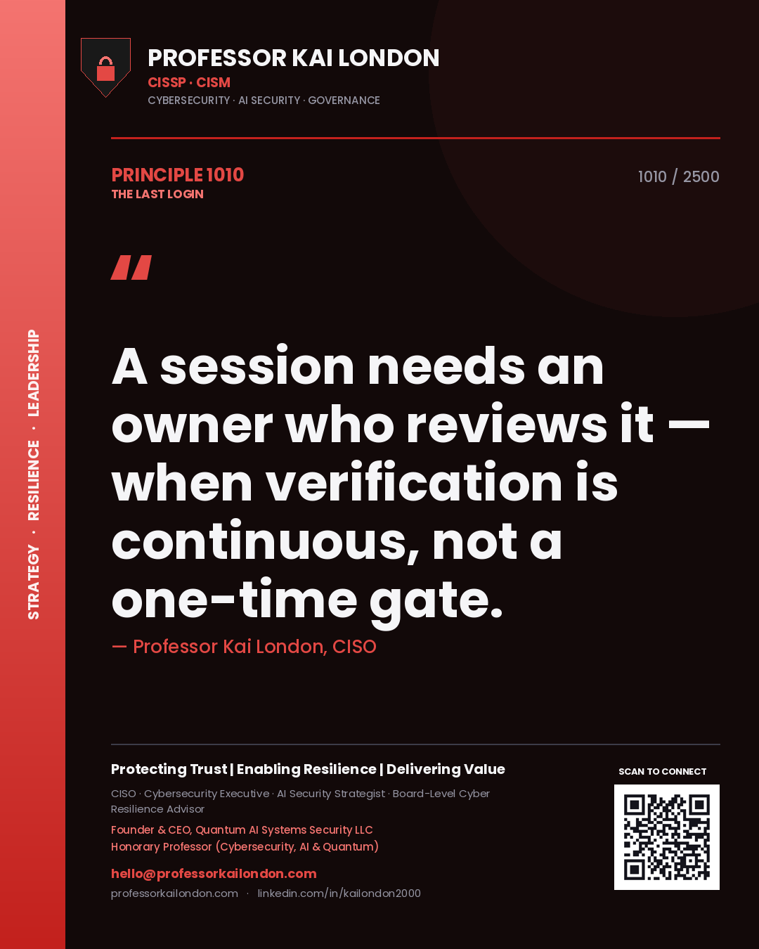 Professor Kai London principle 1010: A session needs an owner who reviews it — when verification is continuous, not a one-time gate.