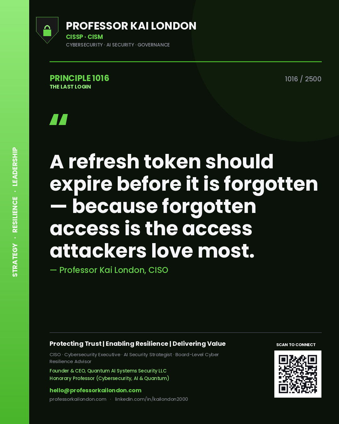Quote card by Professor Kai London reading 'A refresh token should expire before it is forgotten — because forgotten access is the access attackers love most.'. From the book The Last Login.