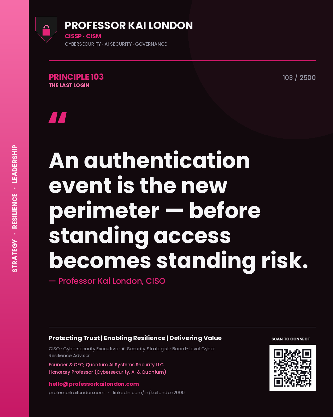 Quote card by Professor Kai London reading 'An authentication event is the new perimeter — before standing access becomes standing risk.'. From the book The Last Login.