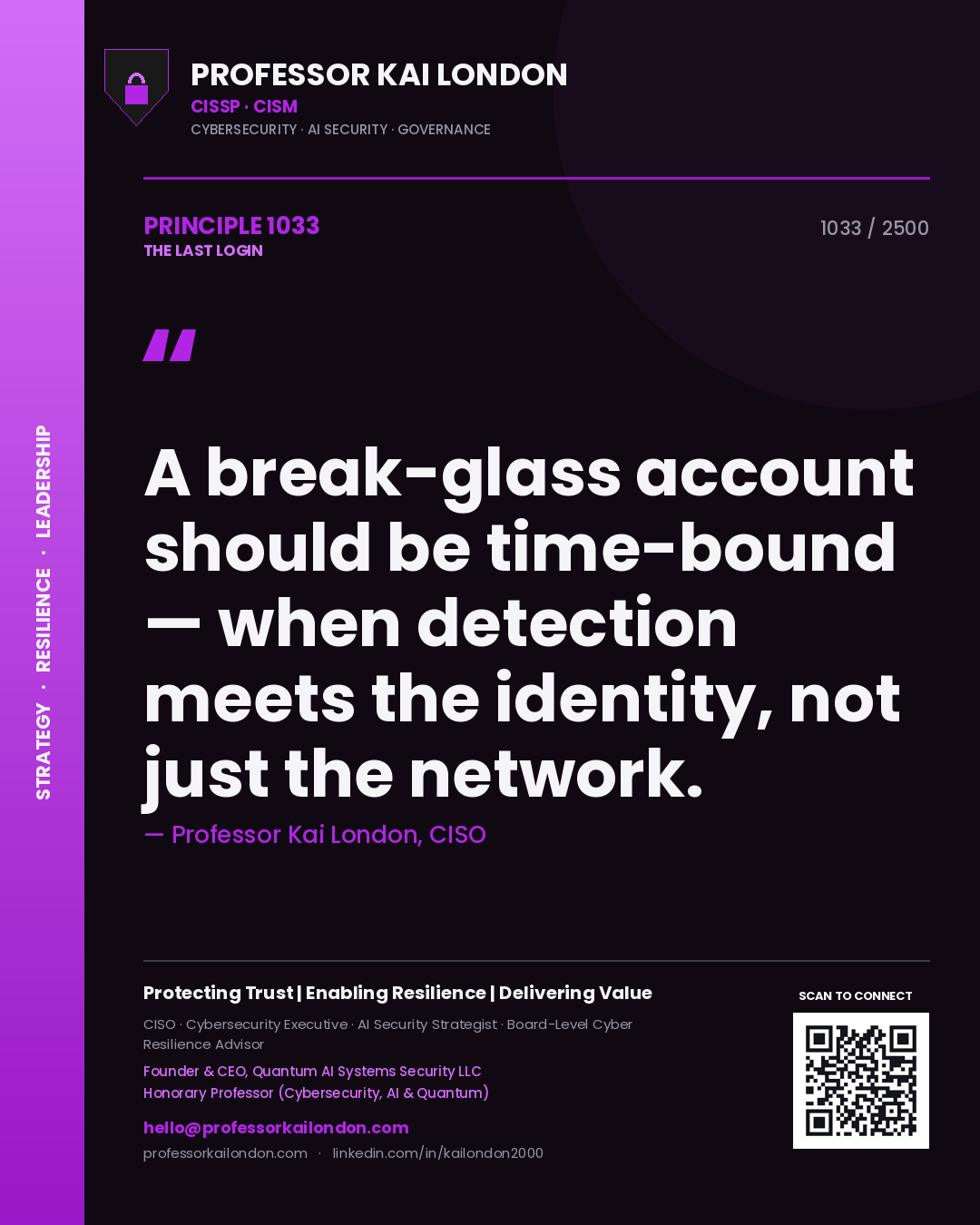 Professor Kai London principle 1033: A break-glass account should be time-bound — when detection meets the identity, not just the network.