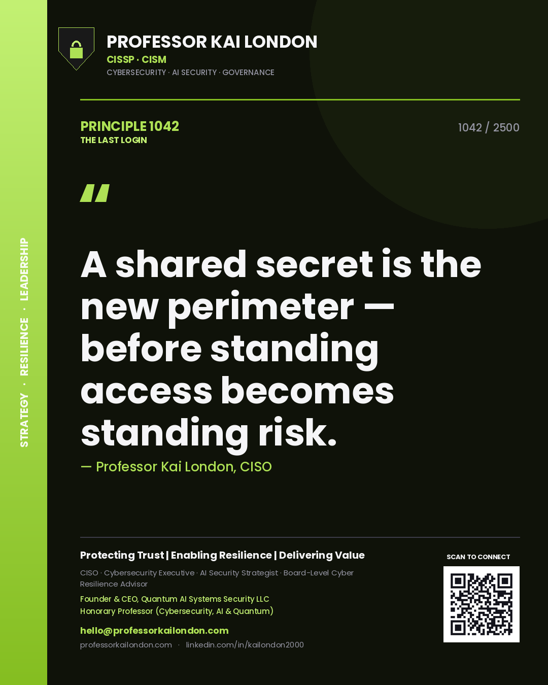 Professor Kai London principle 1042: A shared secret is the new perimeter — before standing access becomes standing risk.