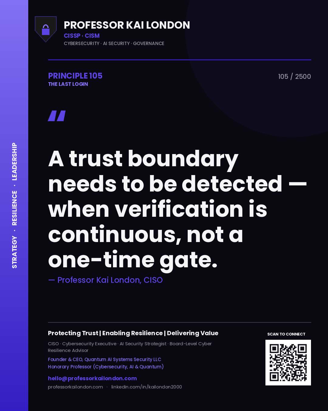 Quote card by Professor Kai London reading 'A trust boundary needs to be detected — when verification is continuous, not a one-time gate.'. From the book The Last Login.
