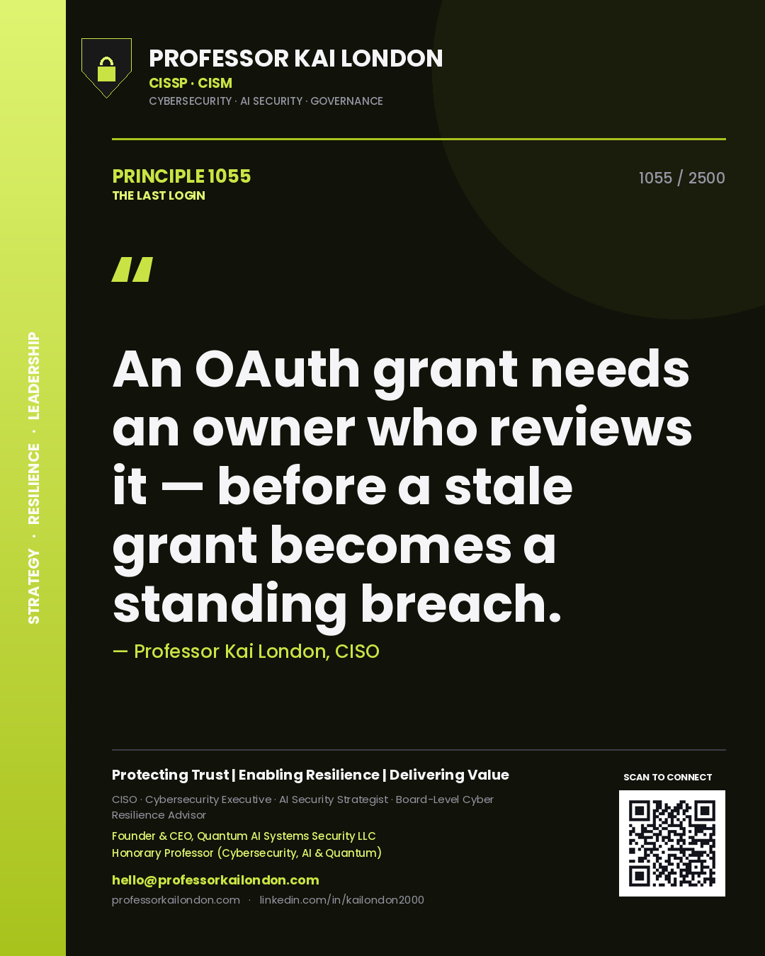 Quote card by Professor Kai London reading 'An OAuth grant needs an owner who reviews it — before a stale grant becomes a standing breach.'. From the book The Last Login.