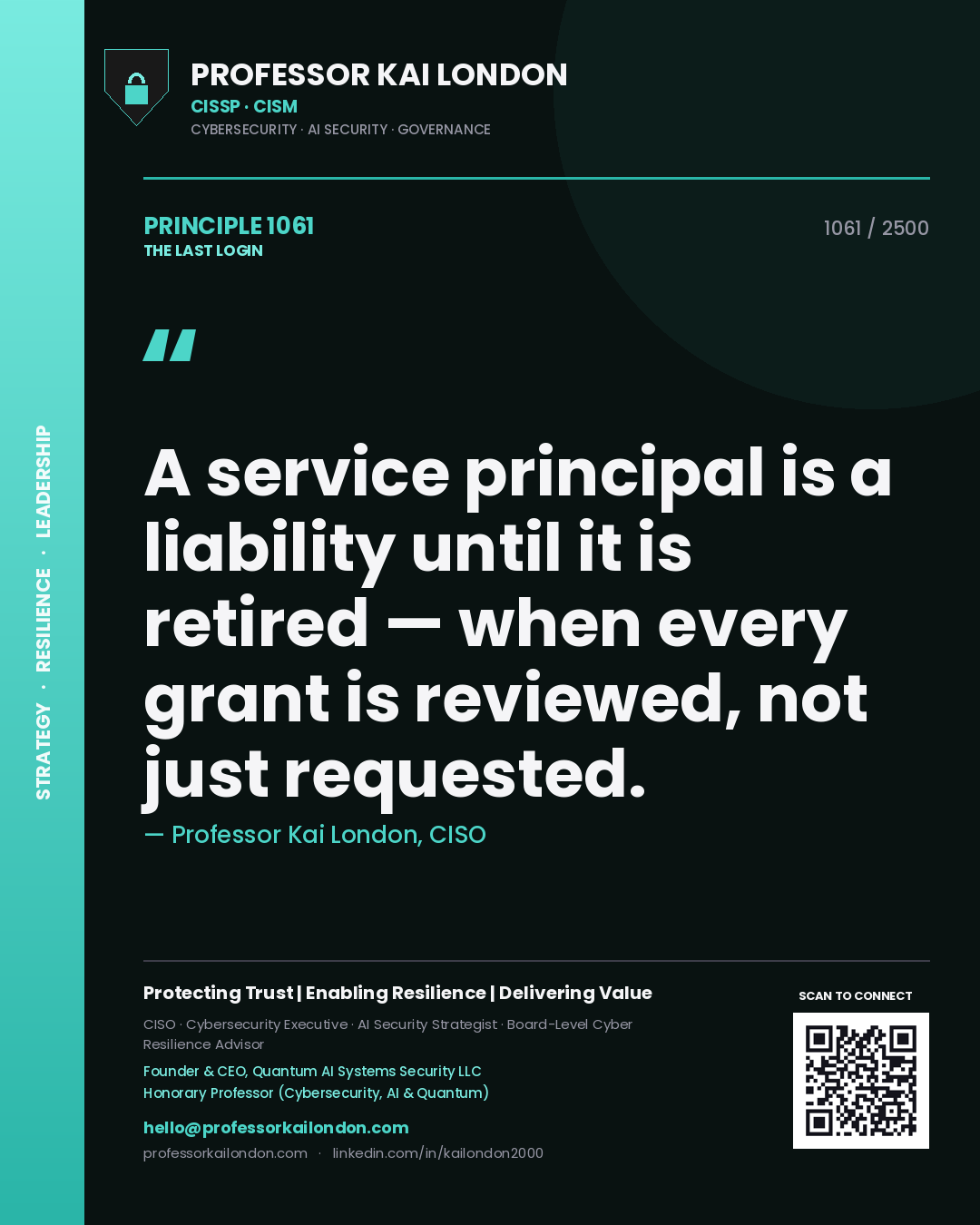Quote card by Professor Kai London reading 'A service principal is a liability until it is retired — when every grant is reviewed, not just requested.'. From the book The Last Login.