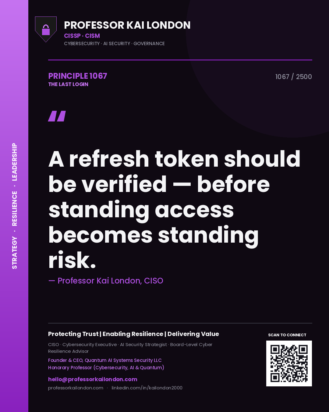 Professor Kai London principle 1067: A refresh token should be verified — before standing access becomes standing risk.