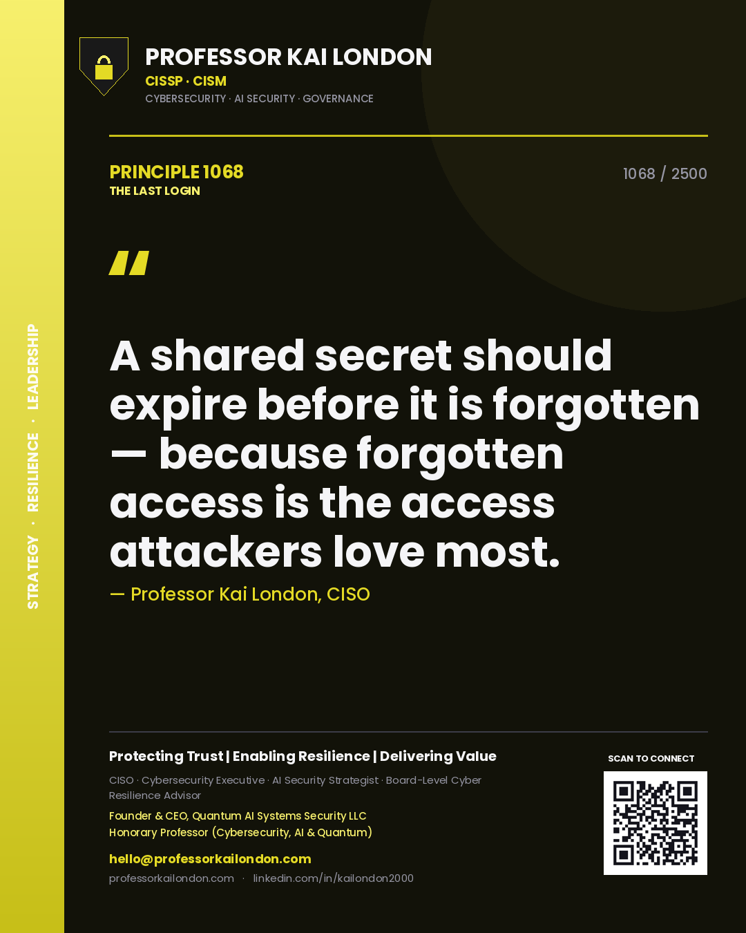 Quote card by Professor Kai London reading 'A shared secret should expire before it is forgotten — because forgotten access is the access attackers love most.'. From the book The Last Login.