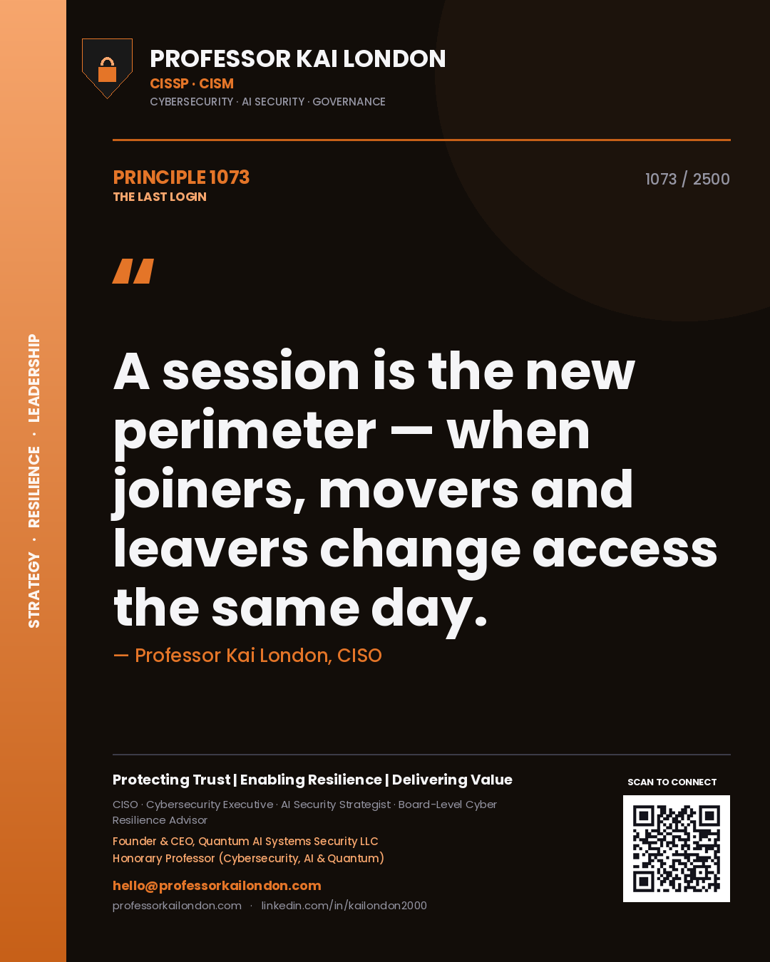 Quote card by Professor Kai London reading 'A session is the new perimeter — when joiners, movers and leavers change access the same day.'. From the book The Last Login.