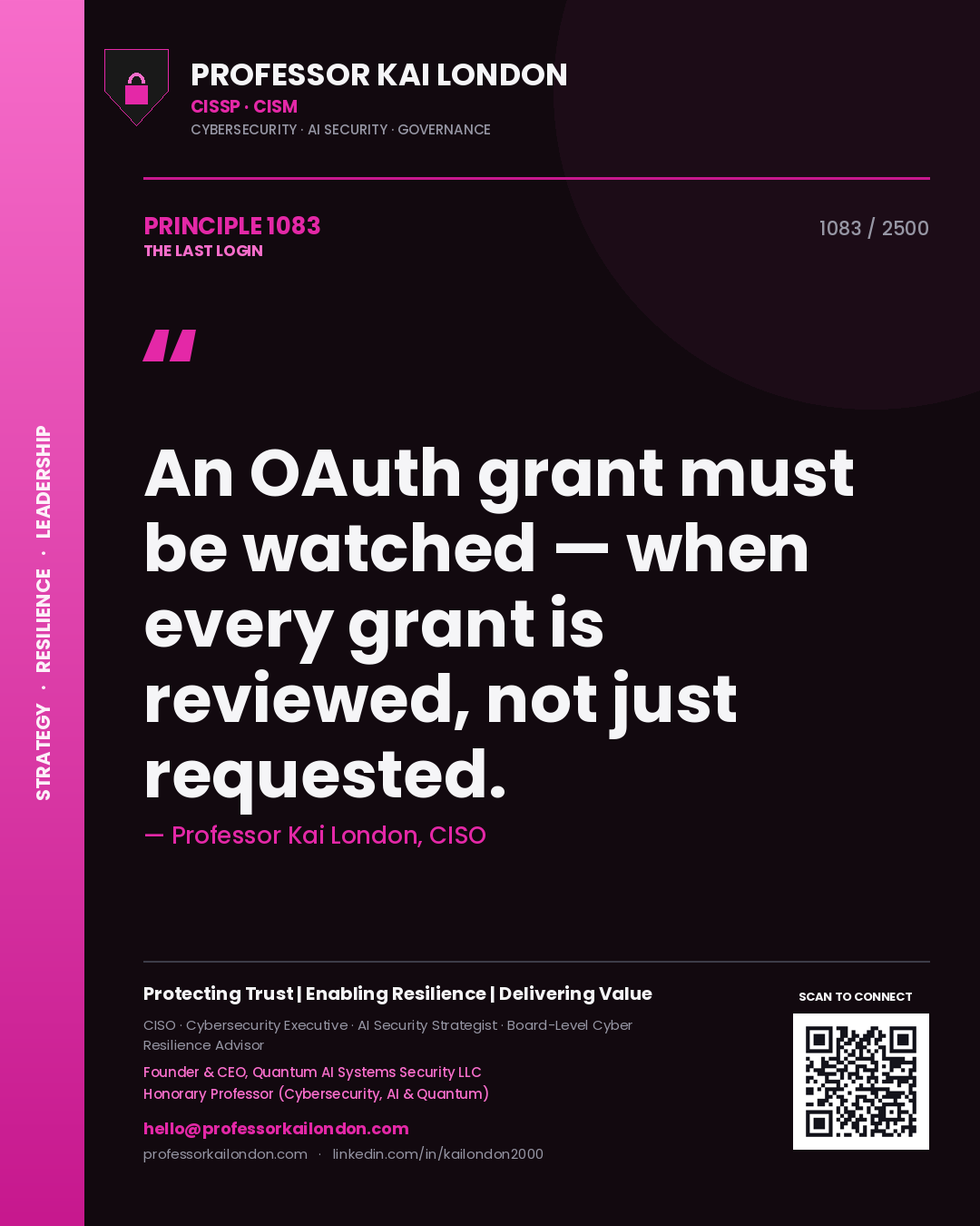 Professor Kai London principle 1083: An OAuth grant must be watched — when every grant is reviewed, not just requested.