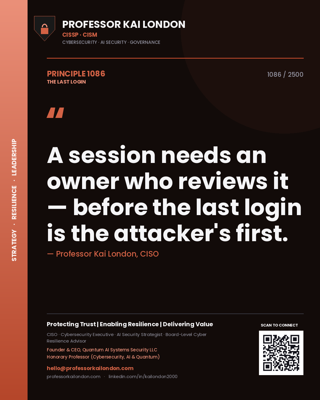 Professor Kai London principle 1086: A session needs an owner who reviews it — before the last login is the attacker's first.