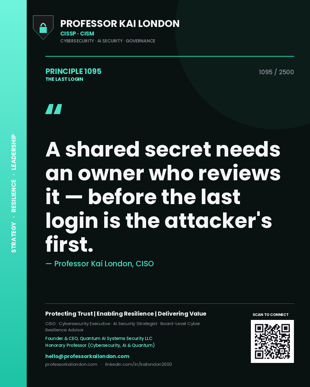 Professor Kai London principle 1095: A shared secret needs an owner who reviews it — before the last login is the attacker's first.