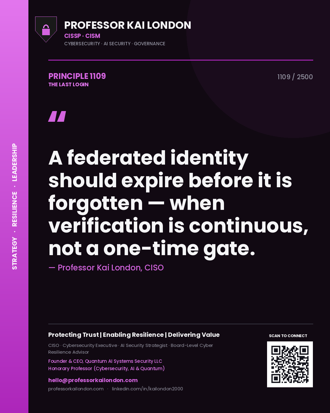 Professor Kai London principle 1109: A federated identity should expire before it is forgotten — when verification is continuous, not a one-time gate.