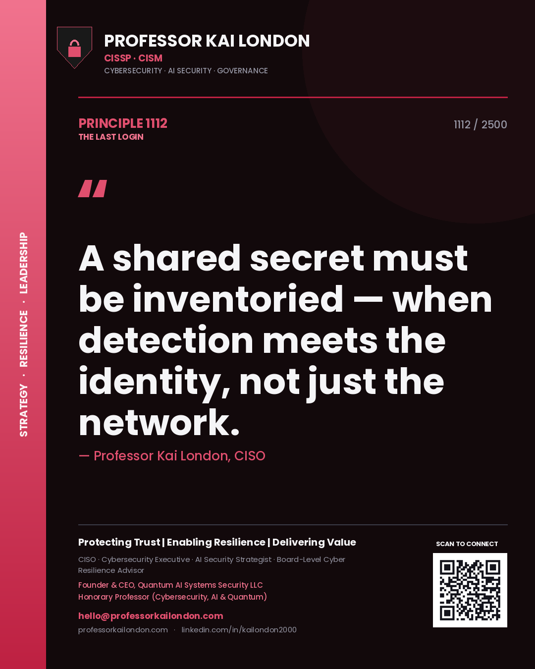 Quote card by Professor Kai London reading 'A shared secret must be inventoried — when detection meets the identity, not just the network.'. From the book The Last Login.