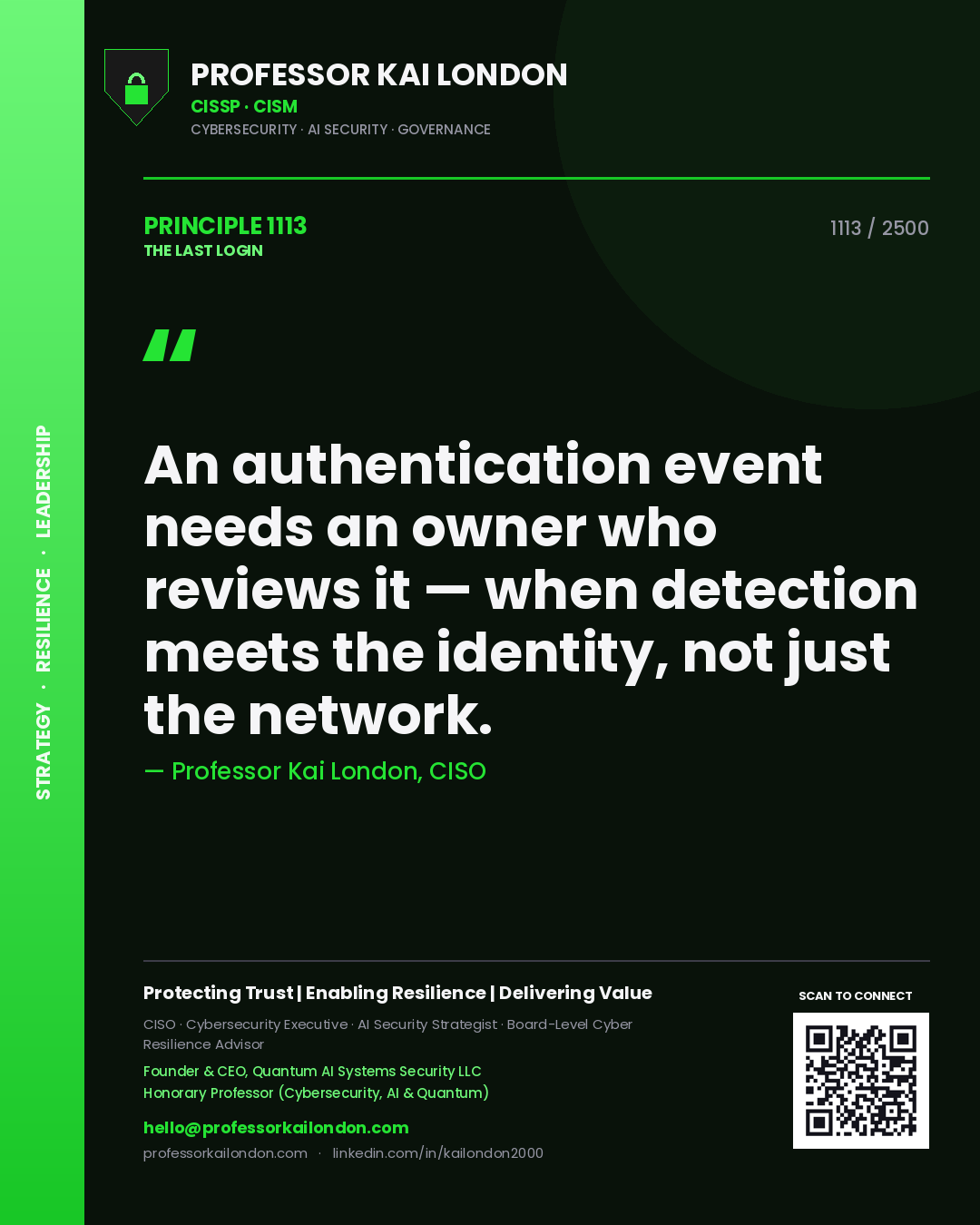 Professor Kai London principle 1113: An authentication event needs an owner who reviews it — when detection meets the identity, not just the network.