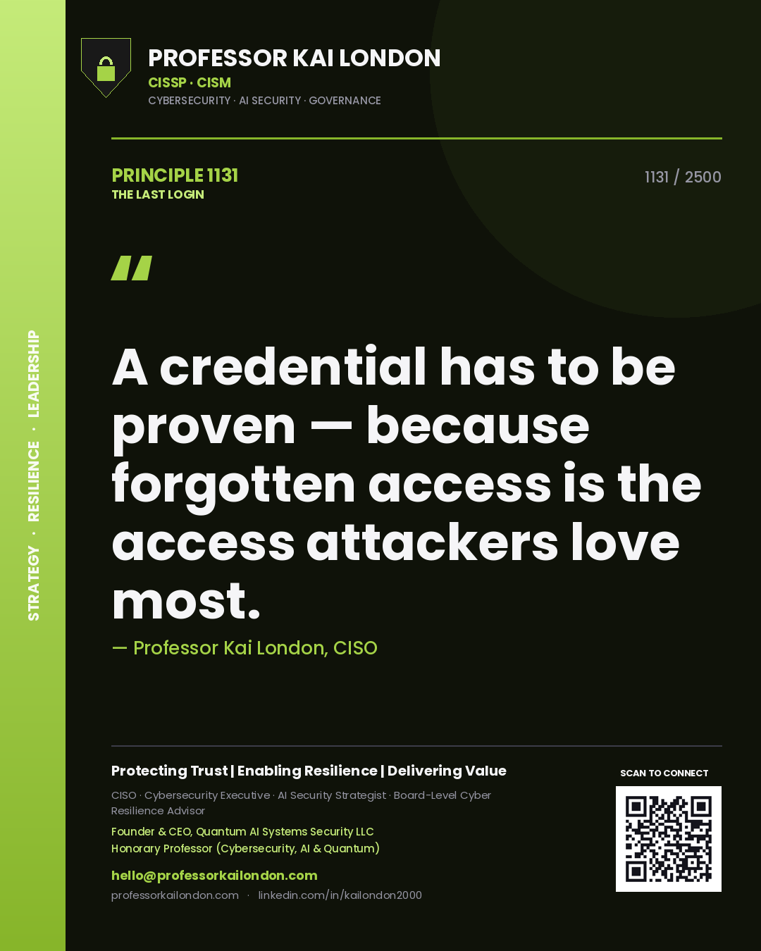 Professor Kai London principle 1131: A credential has to be proven — because forgotten access is the access attackers love most.