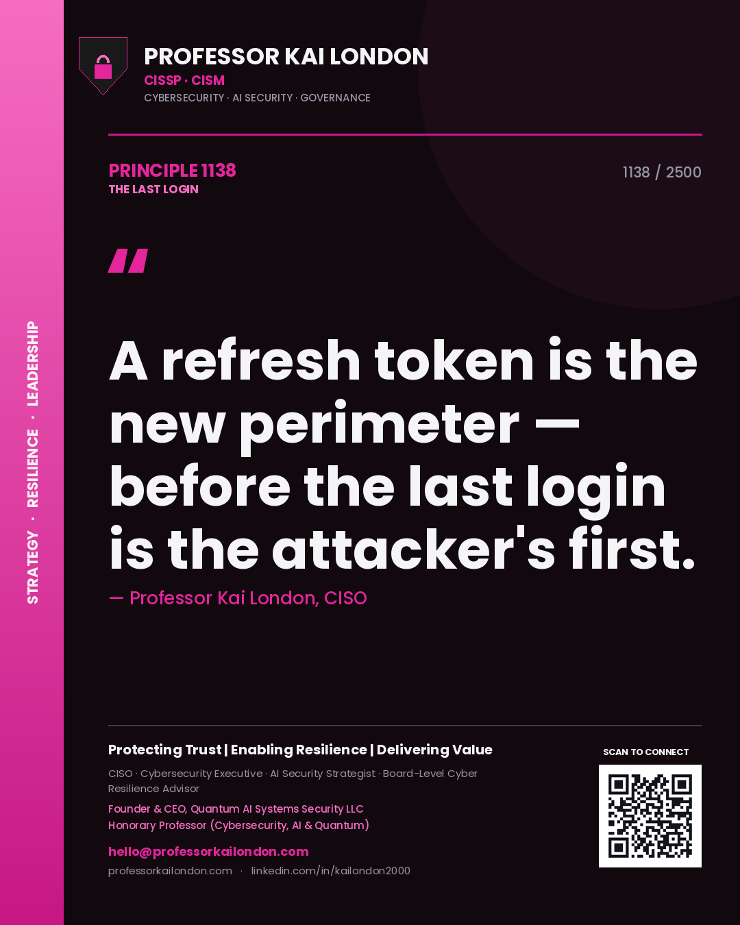 Professor Kai London principle 1138: A refresh token is the new perimeter — before the last login is the attacker's first.