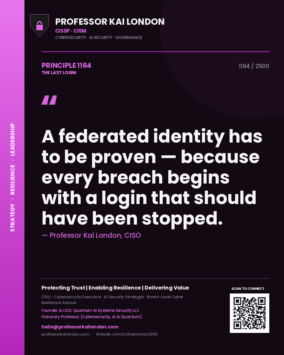 Quote card by Professor Kai London reading 'A federated identity has to be proven — because every breach begins with a login that should have been stopped.'. From the book The Last Login.