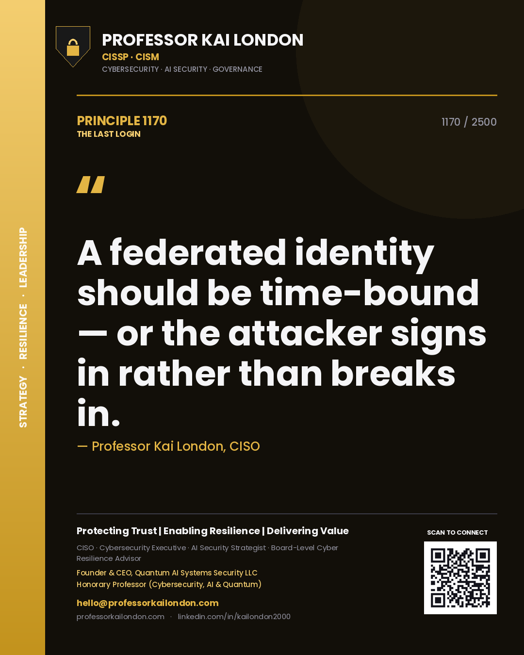 Professor Kai London principle 1170: A federated identity should be time-bound — or the attacker signs in rather than breaks in.