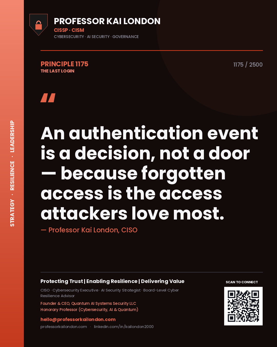 Professor Kai London principle 1175: An authentication event is a decision, not a door — because forgotten access is the access attackers love most.