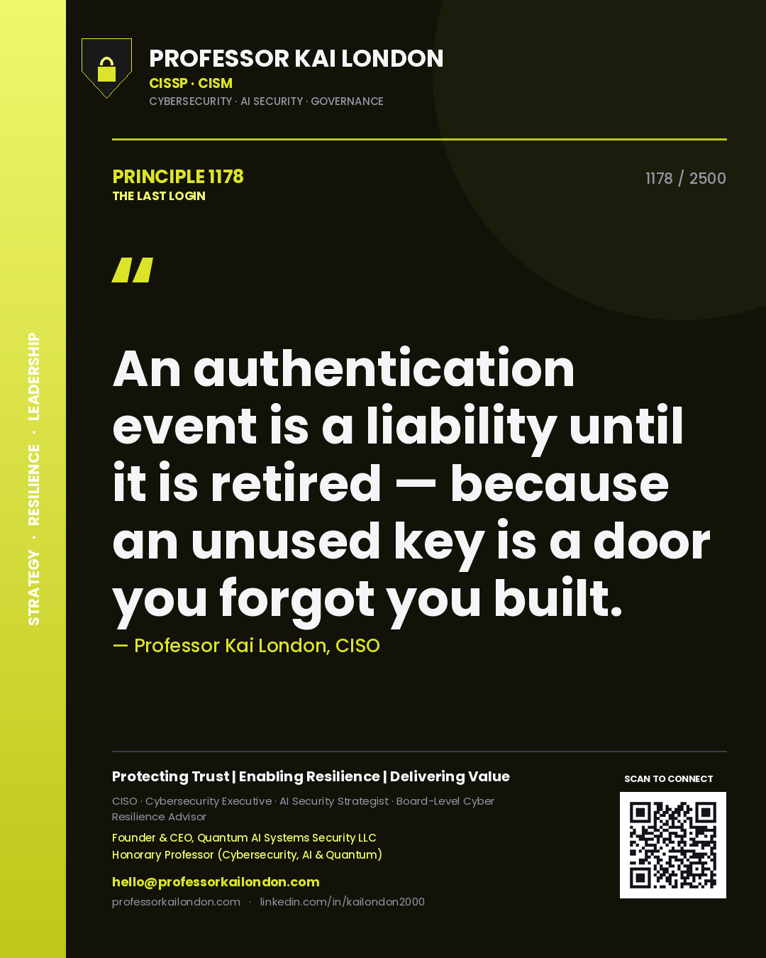Professor Kai London principle 1178: An authentication event is a liability until it is retired — because an unused key is a door you forgot you built.