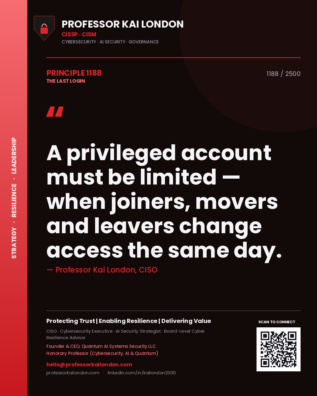 Quote card by Professor Kai London reading 'A privileged account must be limited — when joiners, movers and leavers change access the same day.'. From the book The Last Login.