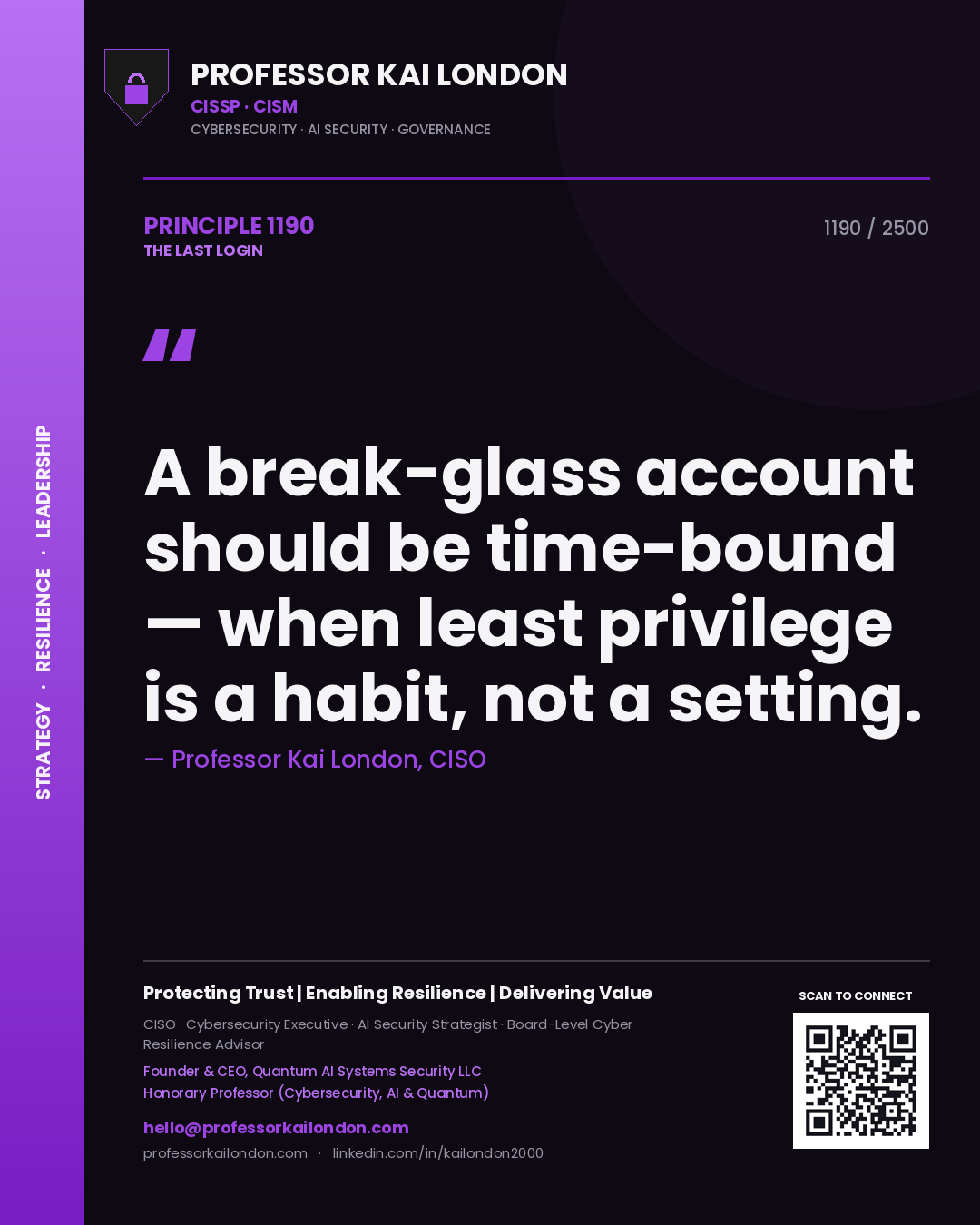 Professor Kai London principle 1190: A break-glass account should be time-bound — when least privilege is a habit, not a setting.