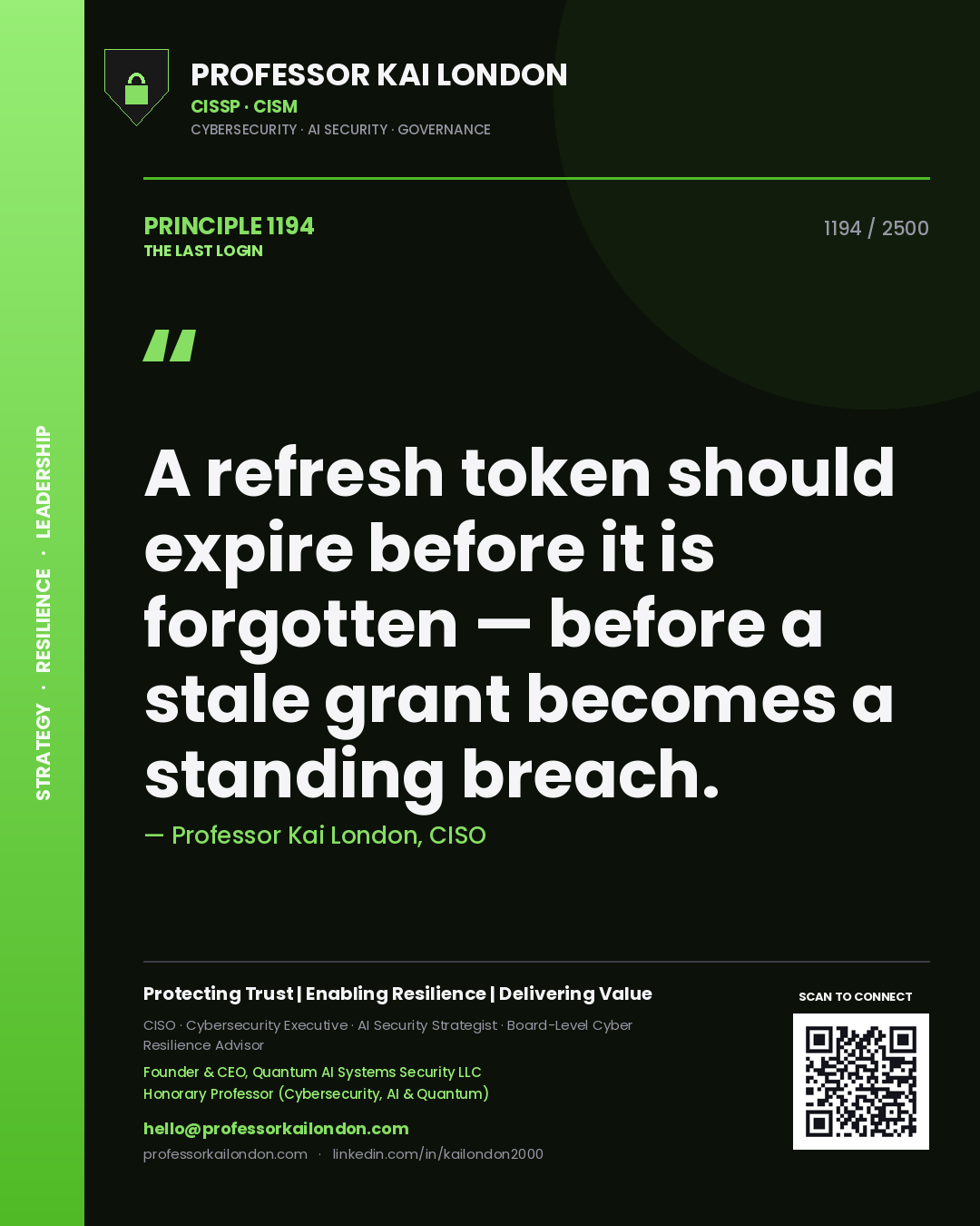 Professor Kai London principle 1194: A refresh token should expire before it is forgotten — before a stale grant becomes a standing breach.