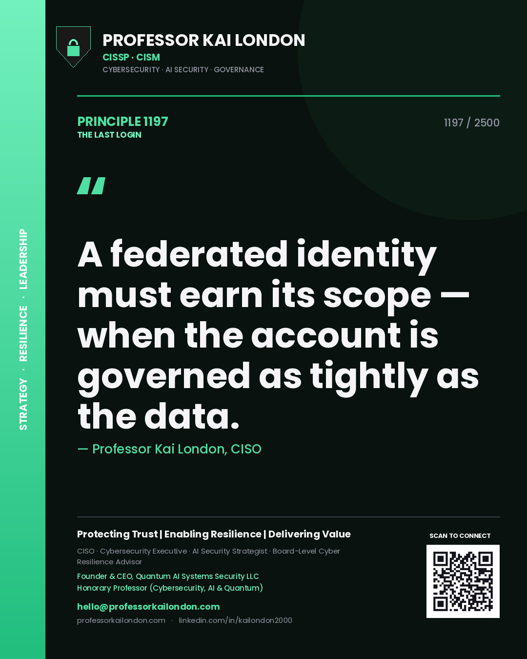Professor Kai London principle 1197: A federated identity must earn its scope — when the account is governed as tightly as the data.