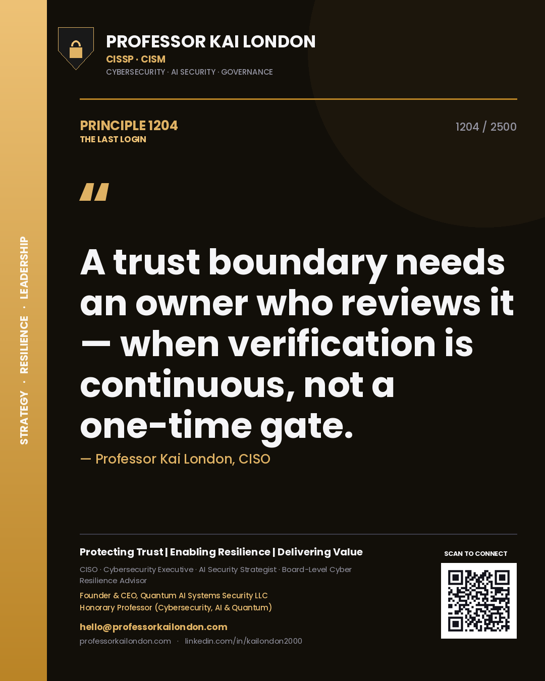 Professor Kai London principle 1204: A trust boundary needs an owner who reviews it — when verification is continuous, not a one-time gate.