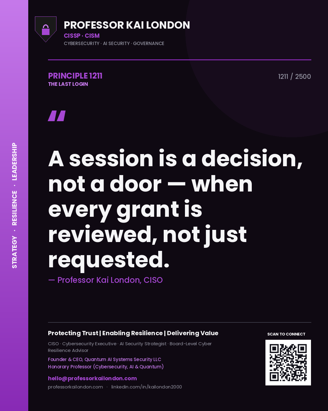 Quote card by Professor Kai London reading 'A session is a decision, not a door — when every grant is reviewed, not just requested.'. From the book The Last Login.