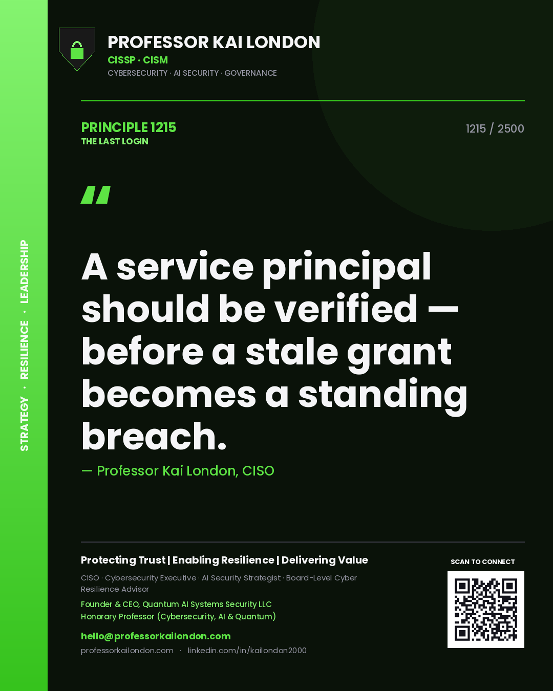 Professor Kai London principle 1215: A service principal should be verified — before a stale grant becomes a standing breach.