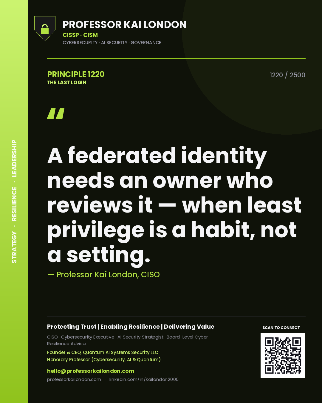 Professor Kai London principle 1220: A federated identity needs an owner who reviews it — when least privilege is a habit, not a setting.