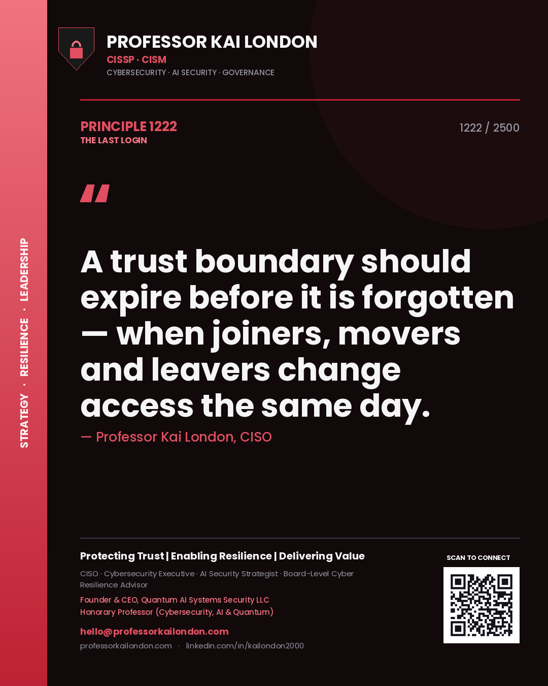 Professor Kai London principle 1222: A trust boundary should expire before it is forgotten — when joiners, movers and leavers change access the same day.