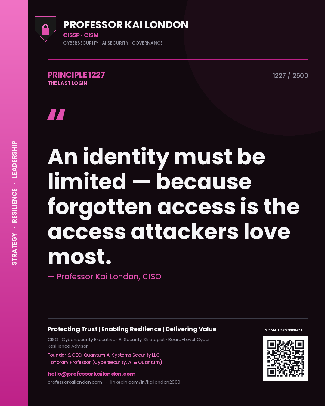 Professor Kai London principle 1227: An identity must be limited — because forgotten access is the access attackers love most.