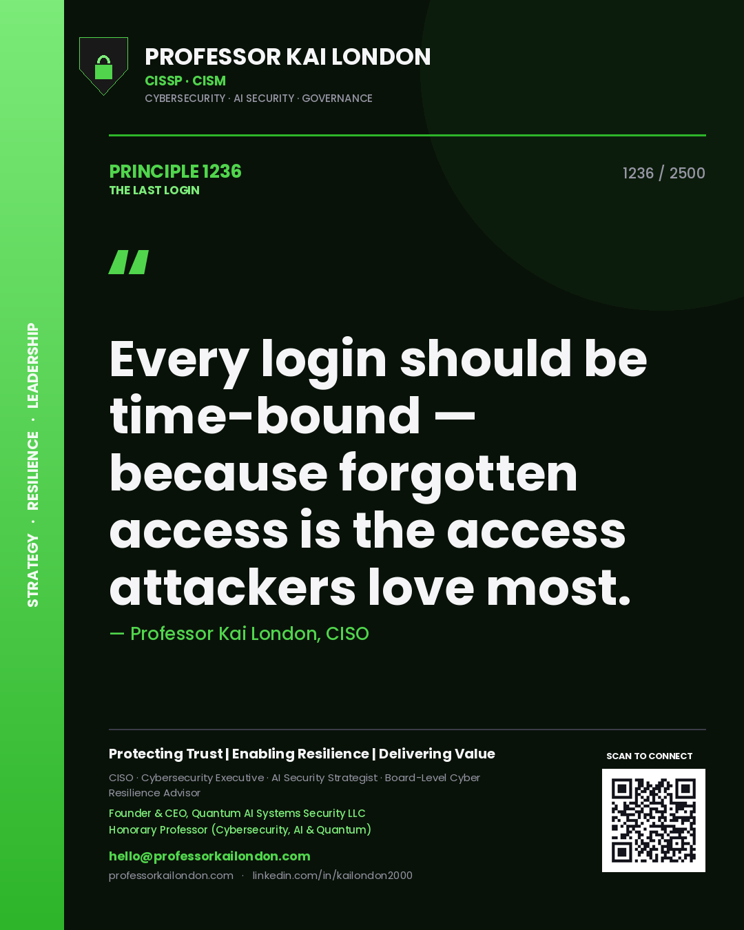 Professor Kai London principle 1236: Every login should be time-bound — because forgotten access is the access attackers love most.
