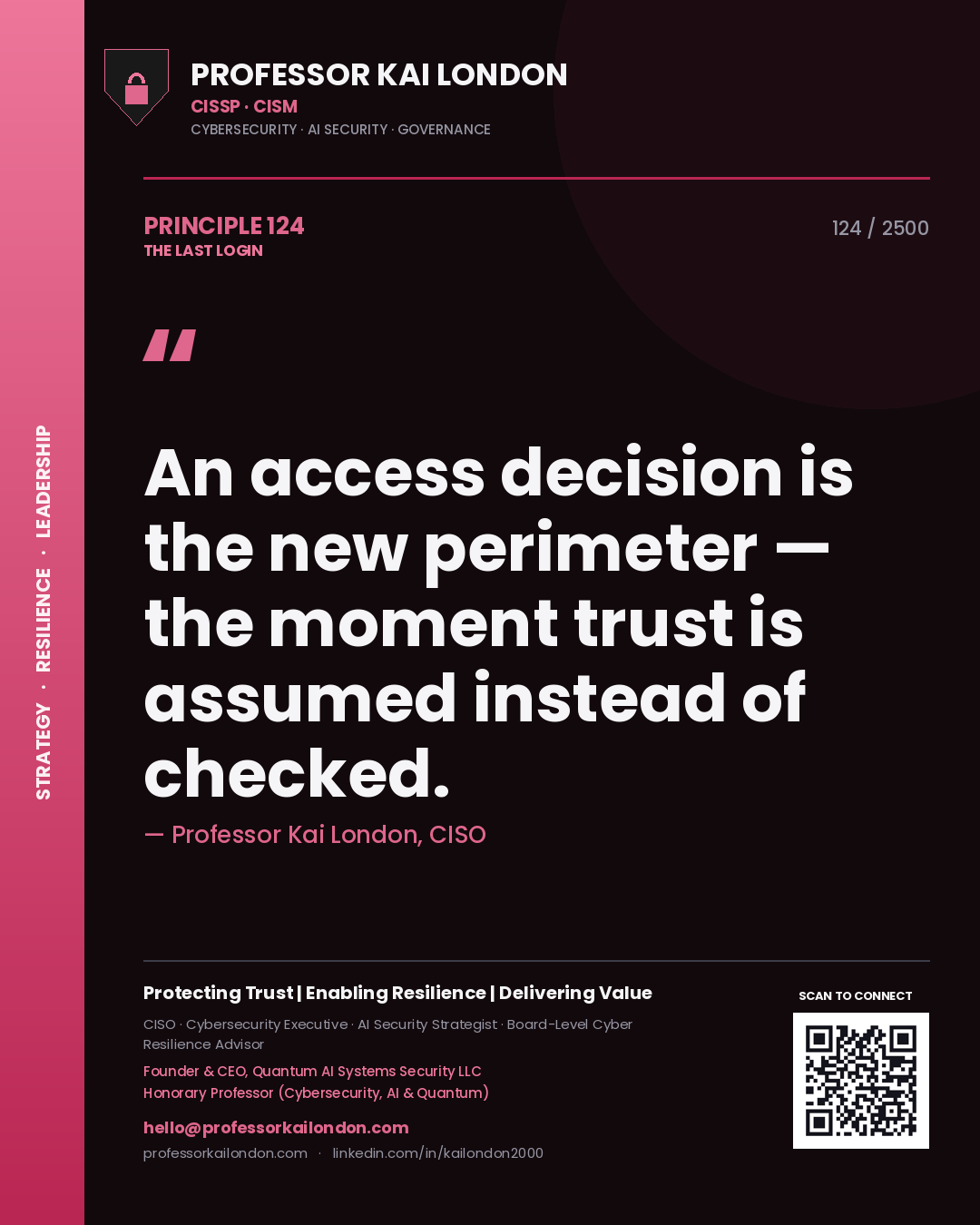 Quote card by Professor Kai London reading 'An access decision is the new perimeter — the moment trust is assumed instead of checked.'. From the book The Last Login.