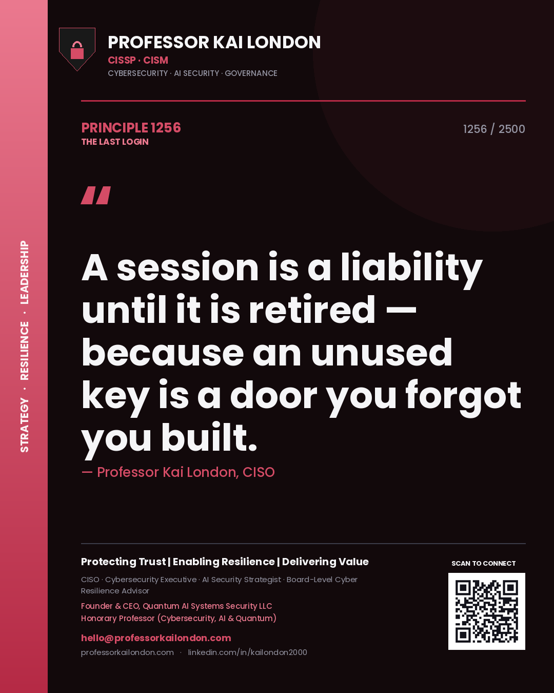 Quote card by Professor Kai London reading 'A session is a liability until it is retired — because an unused key is a door you forgot you built.'. From the book The Last Login.