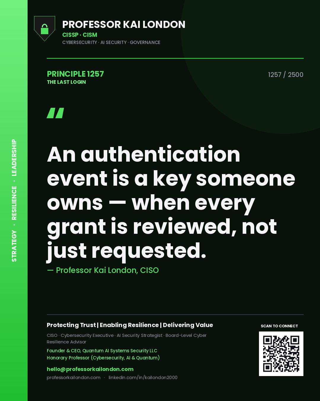 Quote card by Professor Kai London reading 'An authentication event is a key someone owns — when every grant is reviewed, not just requested.'. From the book The Last Login.