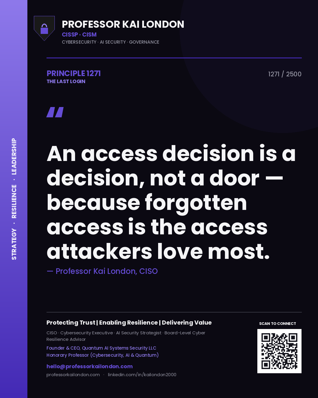Professor Kai London principle 1271: An access decision is a decision, not a door — because forgotten access is the access attackers love most.