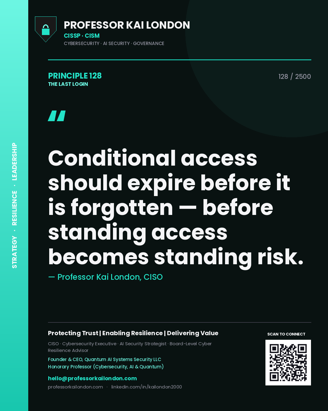 Professor Kai London principle 128: Conditional access should expire before it is forgotten — before standing access becomes standing risk.