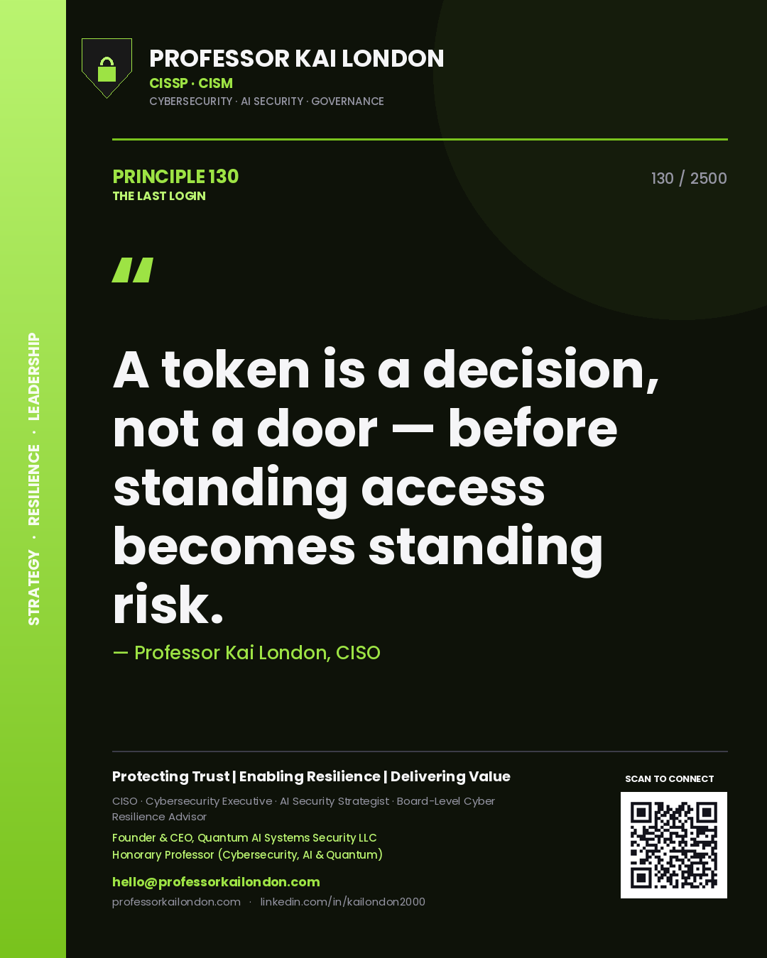 Professor Kai London principle 130: A token is a decision, not a door — before standing access becomes standing risk.