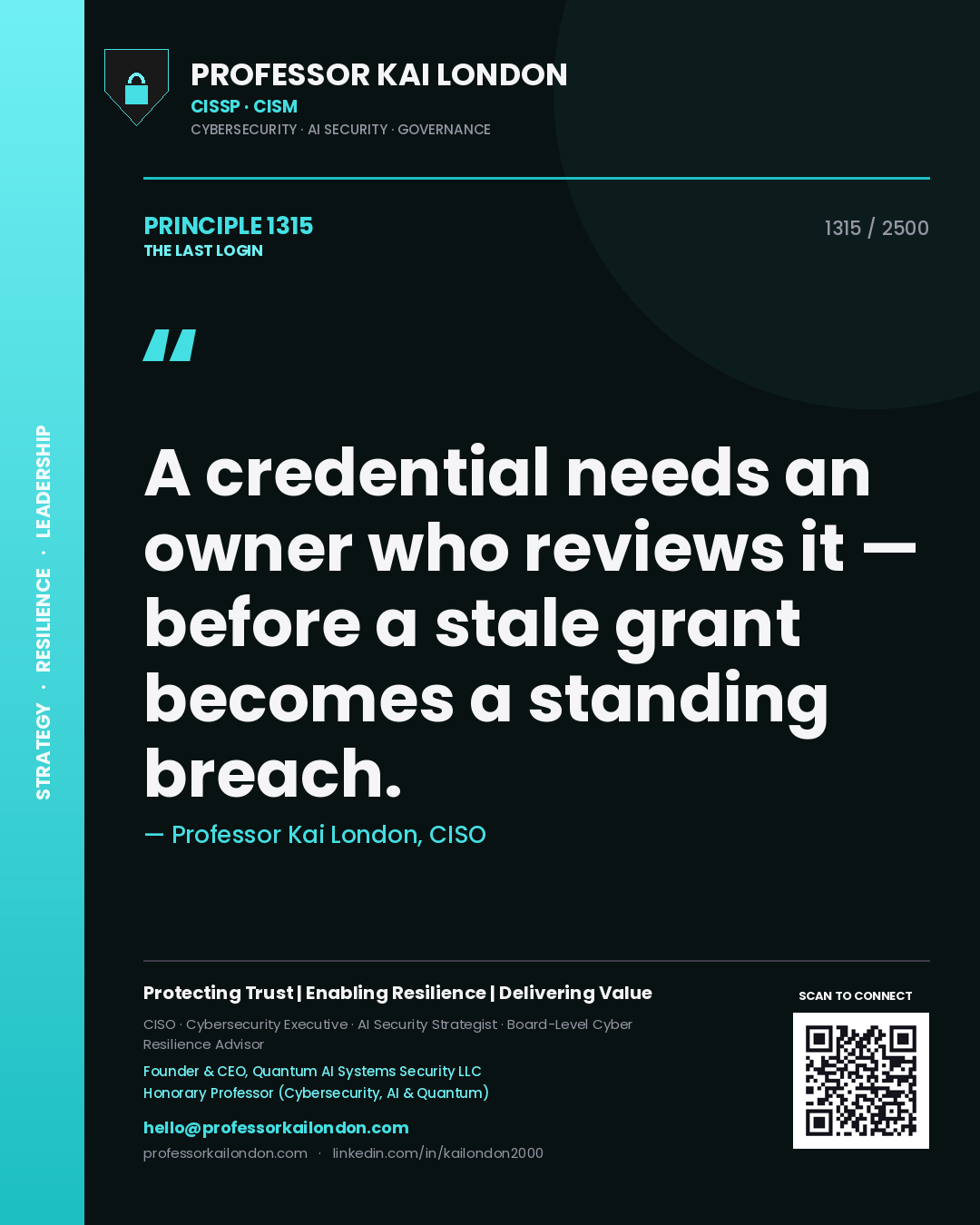 Quote card by Professor Kai London reading 'A credential needs an owner who reviews it — before a stale grant becomes a standing breach.'. From the book The Last Login.